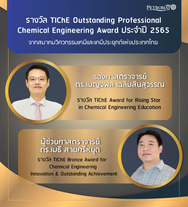 ขอแสดงความยินดีกับคณาจารย์ ที่ได้รับรางวัลจากสมาคมวิศวกรรมเคมีและเคมีประยุกต์แห่งประเทศไทย